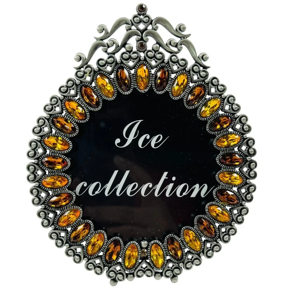 VTG Round Ornate Metal Picture Frame Amber Crystal Jewels Two's Company REGENCY